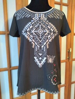 Women's Black Aztec Pattern Desigual Embroidered Blouse Sz XL NWT
